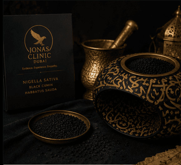 Nigella sativa black cumin seed editorial study with JonasClinic Dubai identity and brass material culture